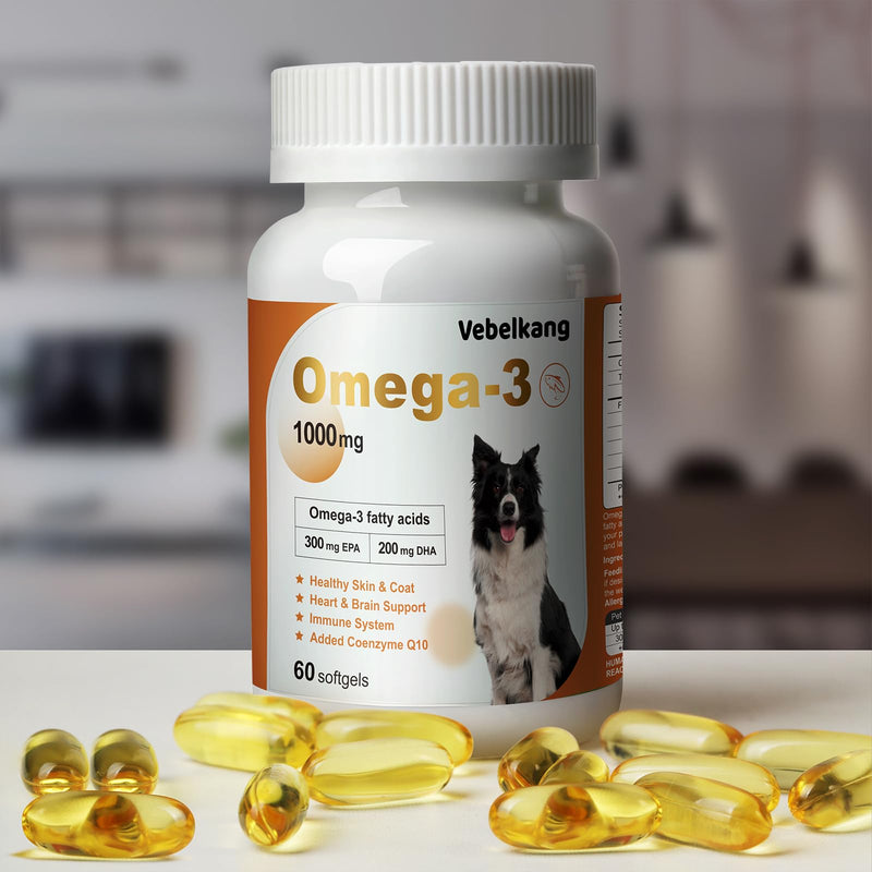 Fish Oil for Dogs-Promotes Heart, Skin, Coat, & Immune Health，Fish Oil containing EPA, DHA, and Coenzyme Q10, Suitable for All Dog Breeds， All Natural Supplement for Pets-60 Counts 1 bottle