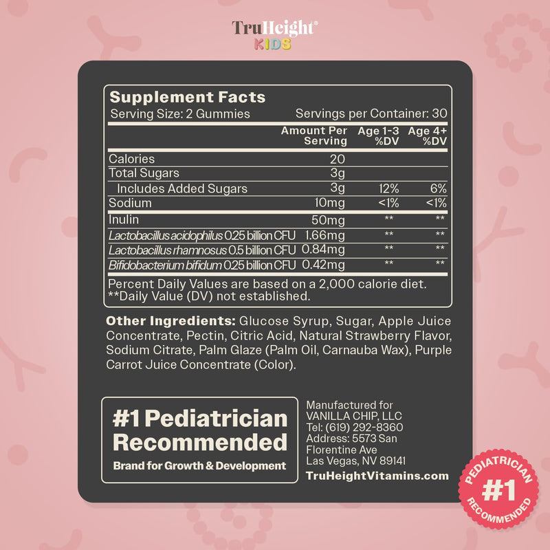 TruHeight Kids Prebiotic & Probiotic Gummies Ages 2+ (Strawberry Flavor) Toddlers & Kids All Natural Gut Health, Digestive Enzymes, Stomache Ache, Constipation Relief Supplement - Pediatric Vitamins 60 Count (Pack of 3)