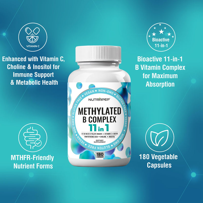 NutraPep Methylated B-Complex Vitamins Complete Methyl Multivitamin 2-Pack | Bioactive B9 5-MTHF B6 B12 MTHFR Support Supplement for Brain Heart Energy - Vegan Gluten Free Sugar Free 180 Count (Pack of 2)
