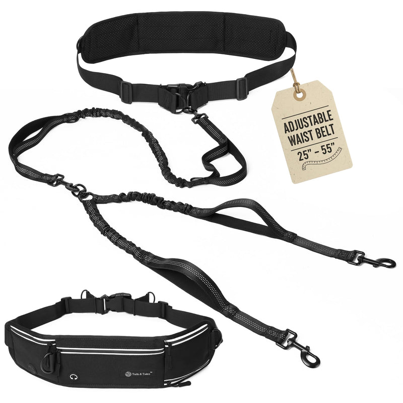 Tails & Tales Hands Free Dog Leash with Waist Pouch, Lumbar Support Upgraded, Bungee Reflective Leash, Adjustable Belt 25-55", Walking Running Hiking Training for Dogs Up to 125lbs (Black, Two Dogs) Black - BeesActive Australia