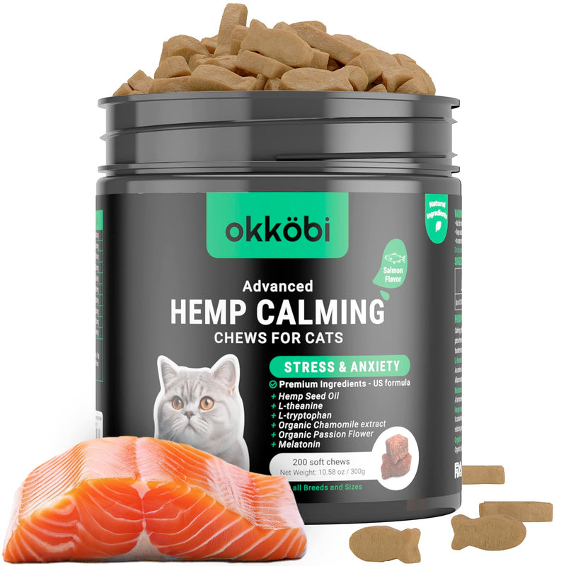 Hemp Calming Chews for Cats Anxiety 200 pcs - Feline Anxiety Relief with Melatonin - for Stress, Travel, Check-up, restlessness or Separation - Cat Calming Treats Salmon