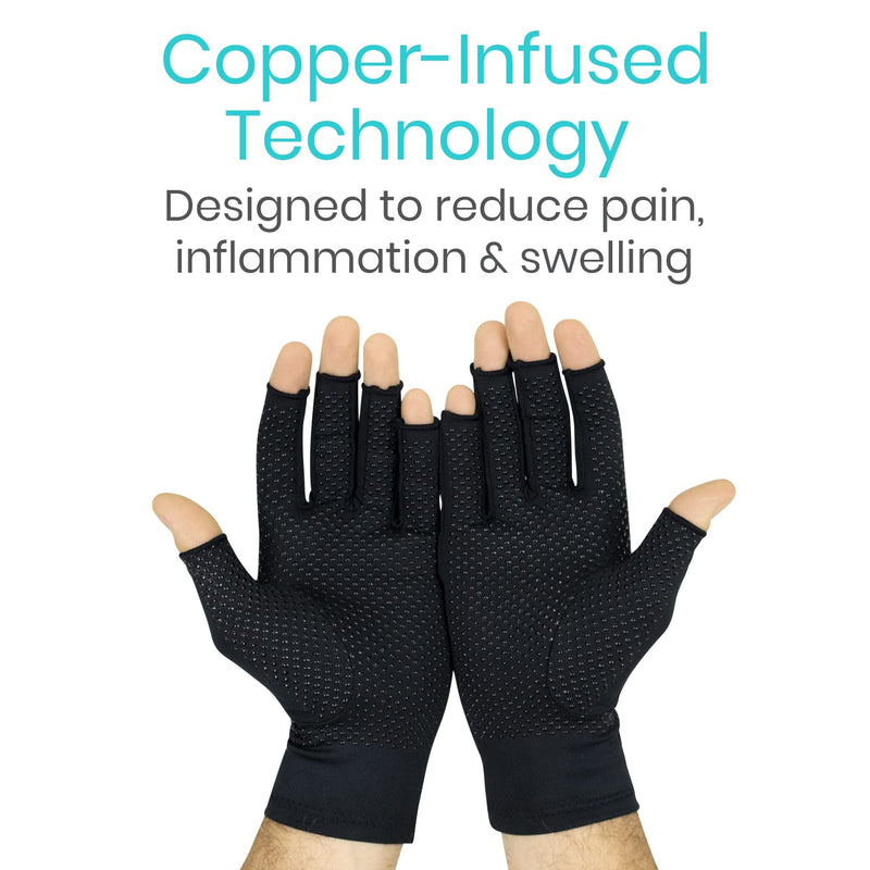 Vive Copper Infused Fingerless Arthritis Compression Gloves (Pair) - Relief for Men, Women, Rheumatoid, Swelling, Carpal Tunnel, Tendonitis, Edema, Hand & Finger Pain - Comfortable Non-Slip (Large) Large