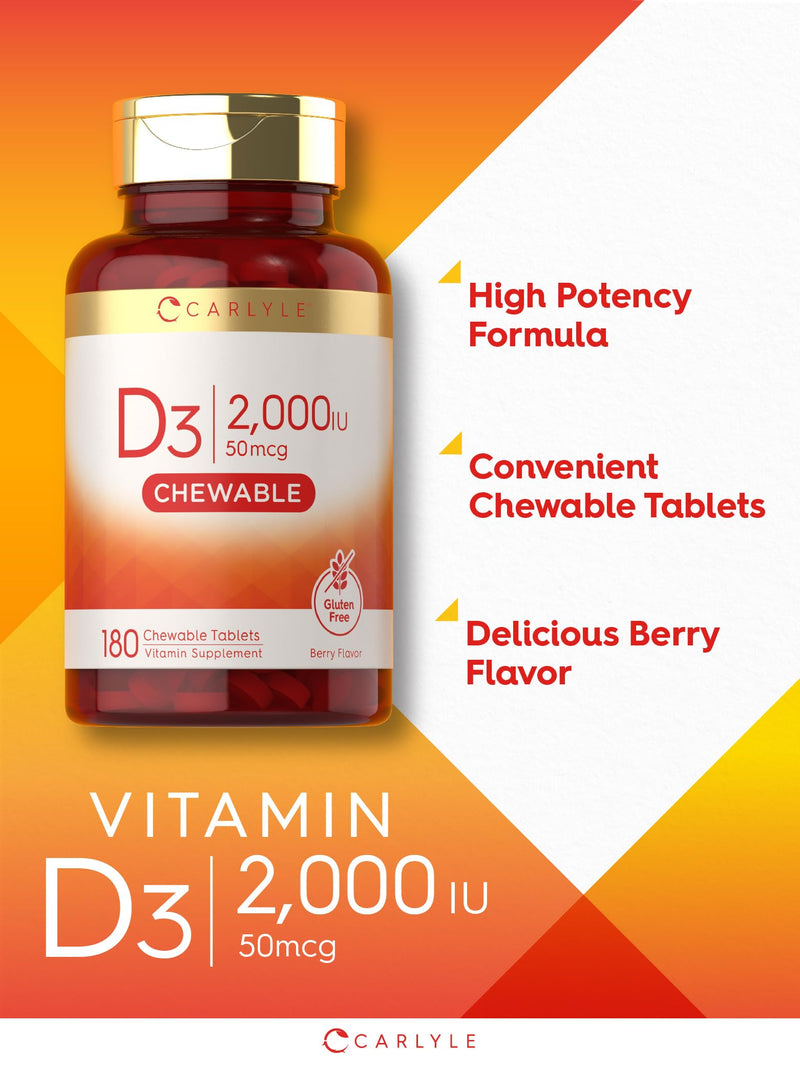 Carlyle Chewable Vitamin D3 2000 IU (50mcg) | 180 Chewable Tablets | Berry Flavor | Vegetarian, Non-GMO and Gluten Free Supplement