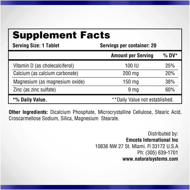 Calcium Magnesium Zinc Vitamin D Supplement 60 Tablets by Natural Systems - Calcium Magnesium Zinc and VIT D Supplements for Strong Immune System - Magnesium Supplement for the Immune System