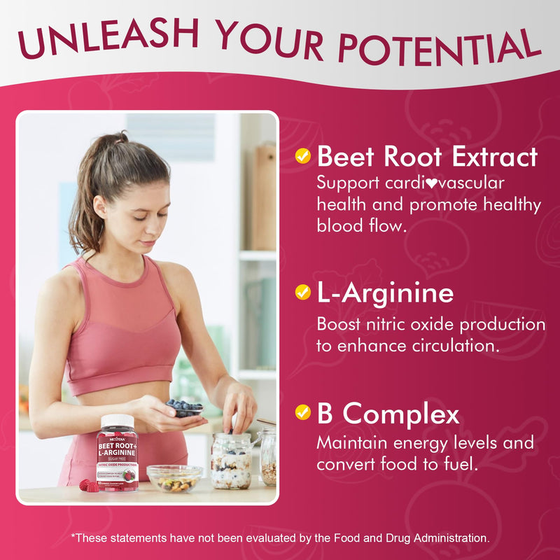 Beet Root Gummies 1200mg with L-Arginine, B1, B2, B3, B5, B6, Folate, B12 | Sugar Free 9 IN 1 Nitric Oxide Beetroot Gummies for Circulation, Energy Boost, Blood Flow, 60 Beets Chews, No-GMO, Vegan 60 Count (Pack of 1)