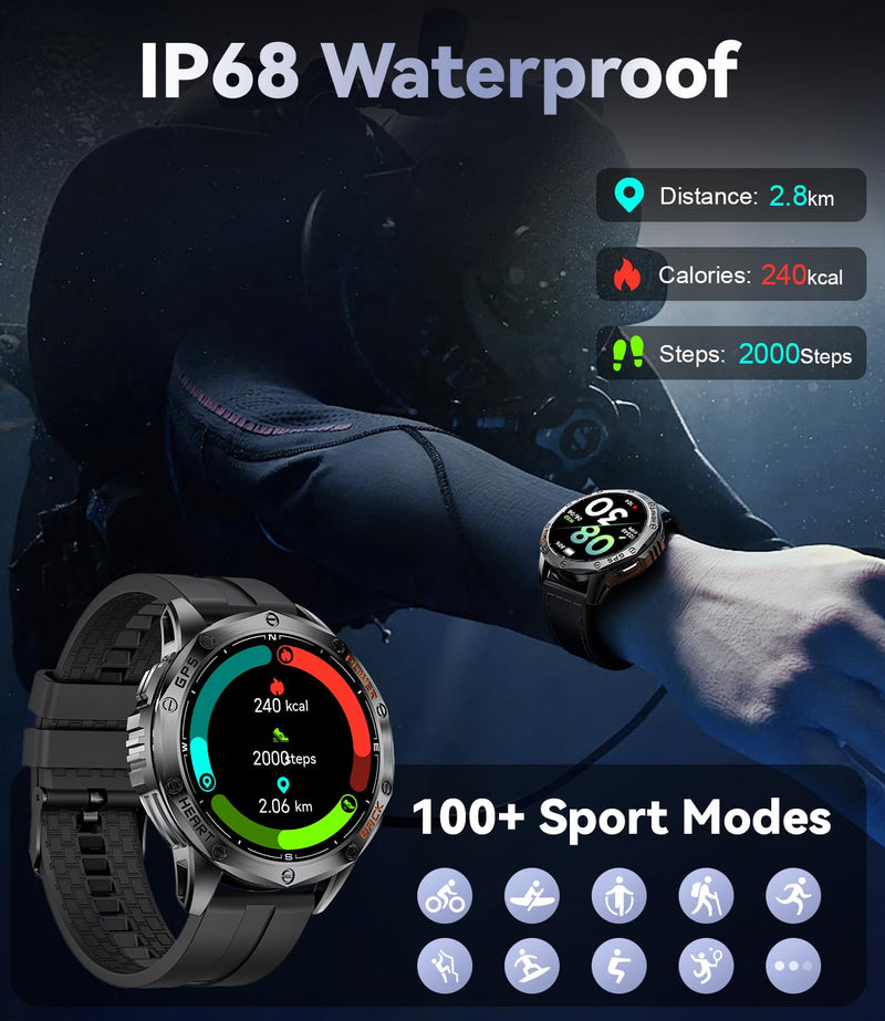 LIGE GPS Smart Watches for Men, Bluetooth Call, LED Flashlight, Compass, 1.43" AMOLED Fitness Watch with Heart Rate/Sleep Monitor, 100+ Sports Modes, iOS Android Compatible, Military Outdoor, Black DM1-E
