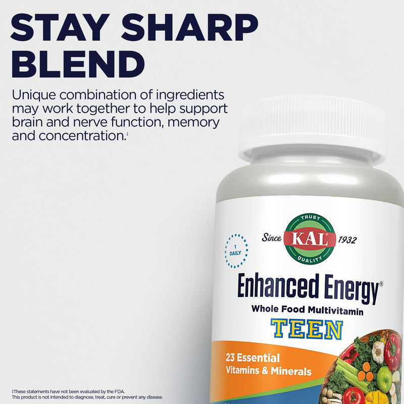 KAL Teens Enhanced Energy Supplements - Once Daily Whole Food Multivitamin w/Iron - 23 Vitamins and Minerals - Brain and Immune Support w/Super Foods - Vegetarian, 60-Day Guarantee, 60 Serv, 60 Tabs | Daily Supplement for Teens W/ 25 Essential Vitamins...