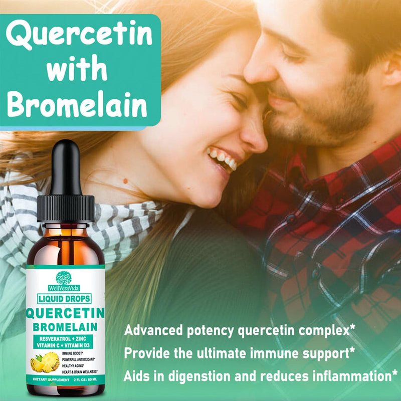 Quercetin with Bromelain, Liquid Quercetin Supplement, Capsule Alternative | Quercetin 1000mg with Bromelain 500mg, Zinc, Vitamin C & D3 for Immune, Antioxidant & Respiratory Support, Non-GMO, 2Fl Oz Pineapple 2 Fl Oz (Pack of 2)