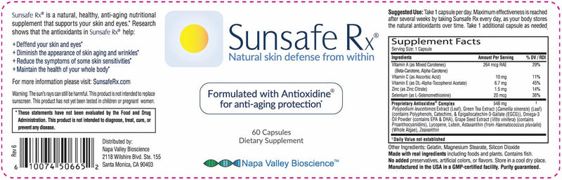 Sunsafe Rx Anti Aging Supplement: Natural Skin Protection Pills 60 Capsules | Antioxidants, Skincare, Radiant Skin, Youthful Appearance, Eye Health, Vitamins, Minerals, 250mg Polypodium Leucotomos 60 Count (Pack of 1)