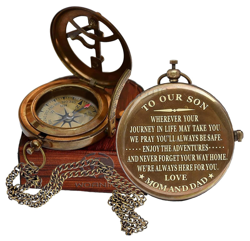 WOANIN Personalized Compass,Gift for Husband,Son,to My Man, to Our Son,to My Fiancé,Dad,Boyfriend,for Customized Compass (Our Son- Mom and Dad) Brass Finish