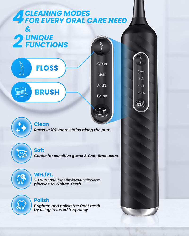 Electric Toothbrush with Water flosser, 3 in 1 Teeth Cleaning Kit with 7 Modes, Electric Toothbrush and flosser Combofor Adults, Water Flosser Portable for Travel and Home (Black) Black - BeesActive Australia