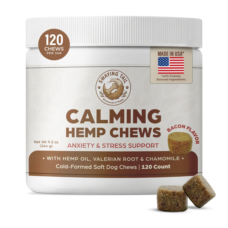 Dog Calming Chews - Bacon Flavor Canine Anxiety Relief & Stress Support - 120 Count Hemp Treats for Pets - Melatonin Free Sleep Aid for Separation Anxiety, Fireworks & Travel