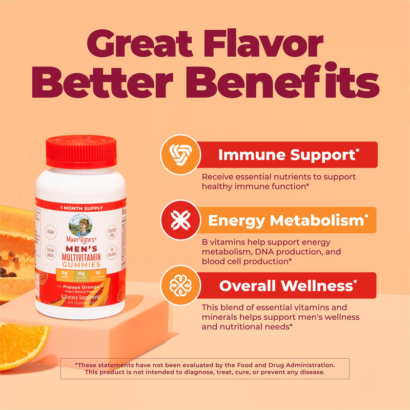 MARYRUTH'S Men's Multivitamin Gummies, Energy Metabolism, Vegan, 60 Count | Vitamin A, C, D, E, B6, B12, Biotin, Zinc, Energy Metabolism, Immunity, Bone Health, Cellular Health Papaya Orange 60 Count (Pack of 1)