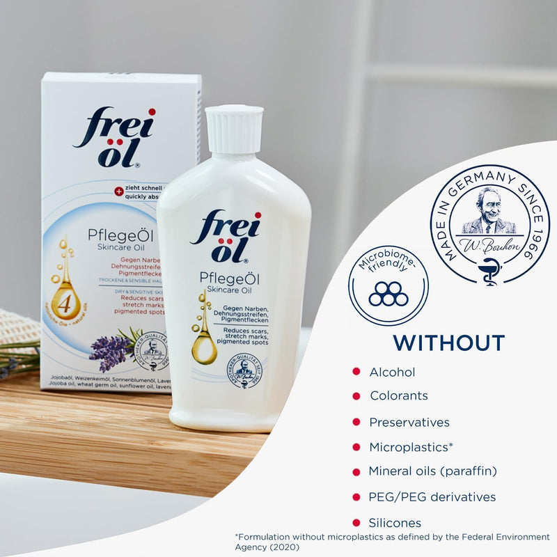 frei öl skincare oil – fast absorbing, nourishes skin soft and smooths – excellent as body oil for stretch marks removal and vitamin e oil for scars, microbiome-friendly and vegan, 125 ml / 4.23 Fl Oz 4.22 Fl Oz (Pack of 1)
