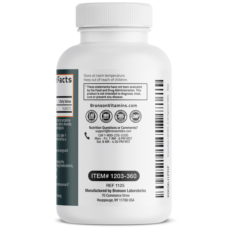 Bronson Biotin 5,000mcg Hair Skin and Nails Vitamins, 360 Tablets | Vegetarian Beauty Support, Non-GMO, Gluten-Free, Soy-Free, Supports Healthy Hair, Skin and Nails