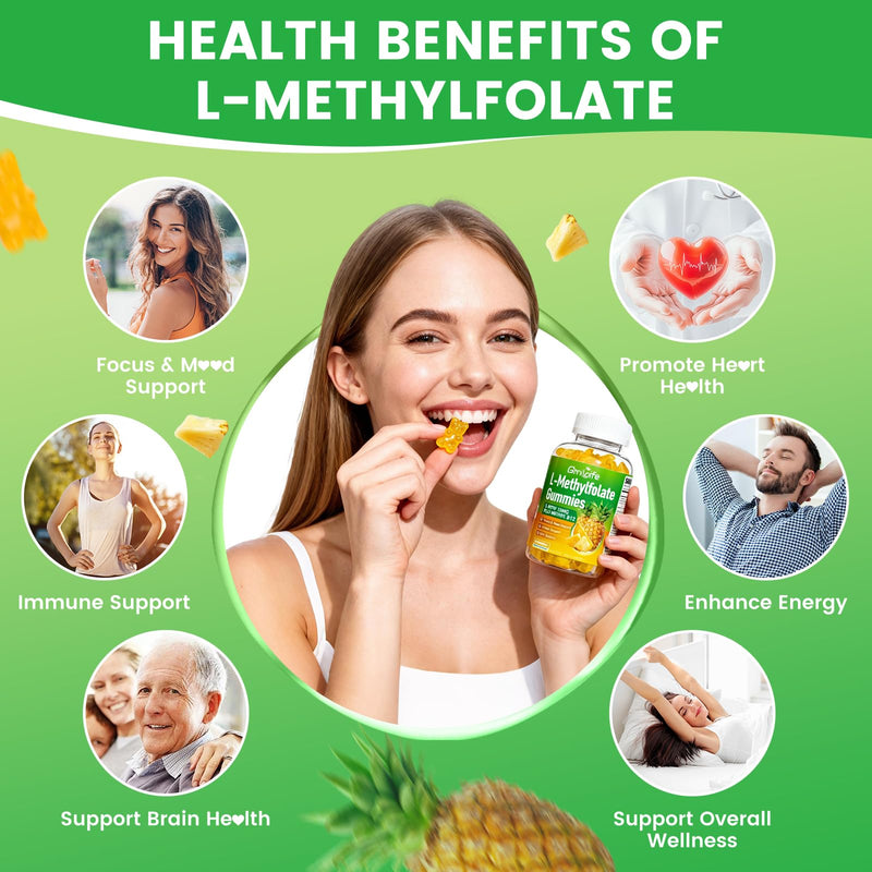 L-Methylfolate 15 mg Gummies with Methyl B12, Methylated B1, B2, B6, Active 5-MTHF & High Absorption - Supports Brain Health & Immune System, Pineapple Flavor, 60 Count 60 Count (Pack of 1)
