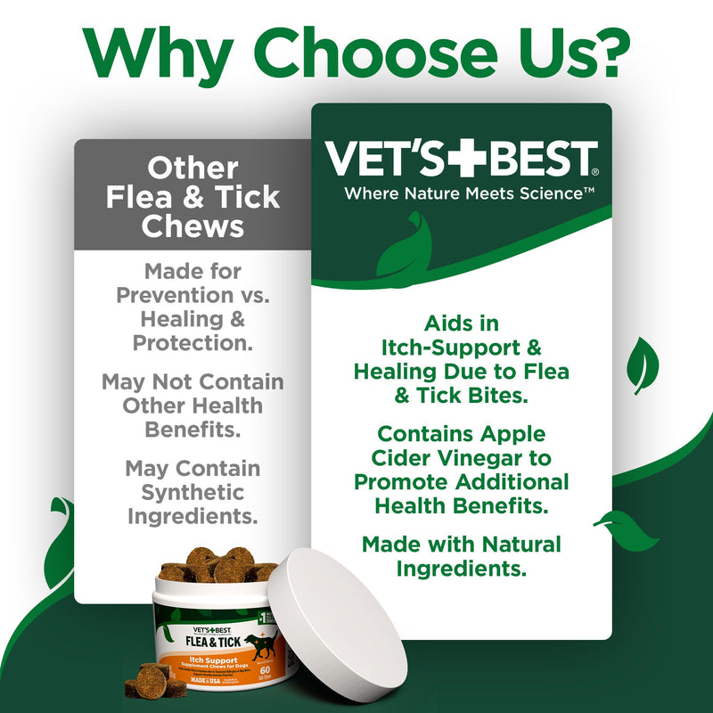 Vet's Best Flea & Tick Soft Chews for Dogs – Natural Supplement for Dog Flea and Tick Prevention – Veterinarian-Formulated Itch Relief and Immune Support – Made in USA – 60 Chews