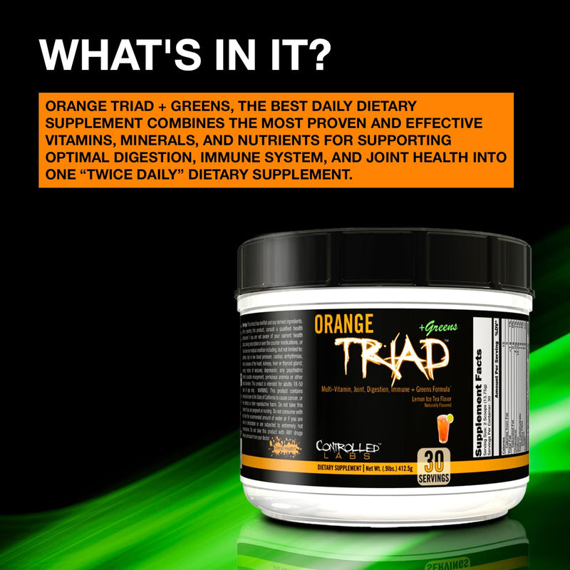 CONTROLLED LABS Orange Triad + Greens, Multivitamin & Greens Powder, 30serv | Daily Supplement, Lemon Ice Tea Flavor, Vitamin A, B6, B12, C, D, Iron Free Sport Supplement, Digestion, Immune, Joint Health