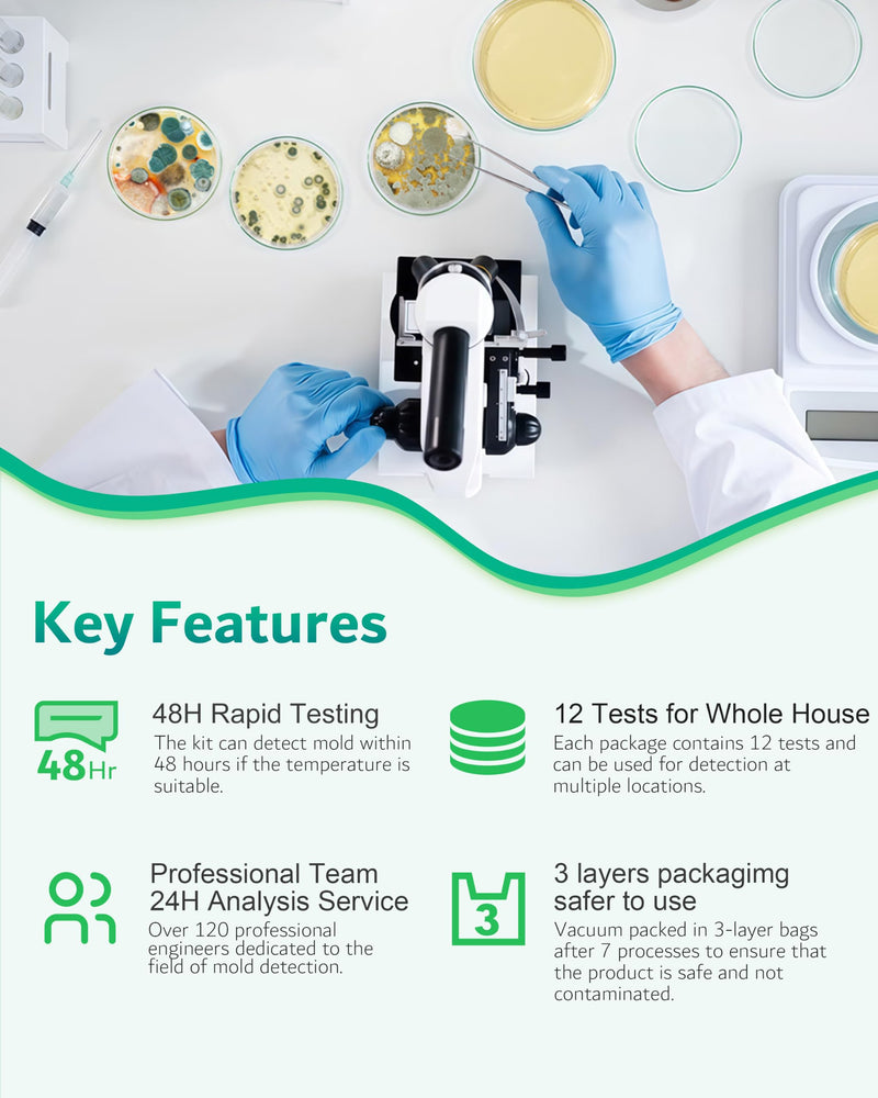 Mold Test Kit for Home - 12 Simple Detection Tests for HVAC, Surfaces & Indoor Air Quality, DIY Black Mold Detector Testing kit at Home, with Detailed Identification Guide & Free Lab Analysis 12 Test Plates