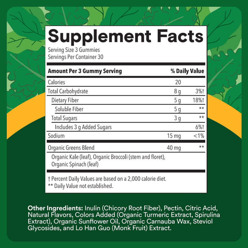 SmartyPants Fiber & Super Greens Gummies, Broccoli, Spinach, & Kale Blend to Support Gut Health, Prebiotic Fiber Gummies for Adults, Gluten Free, White Grape & Apple Flavor, 90 Count (30 Day Supply) Adult Supergreens