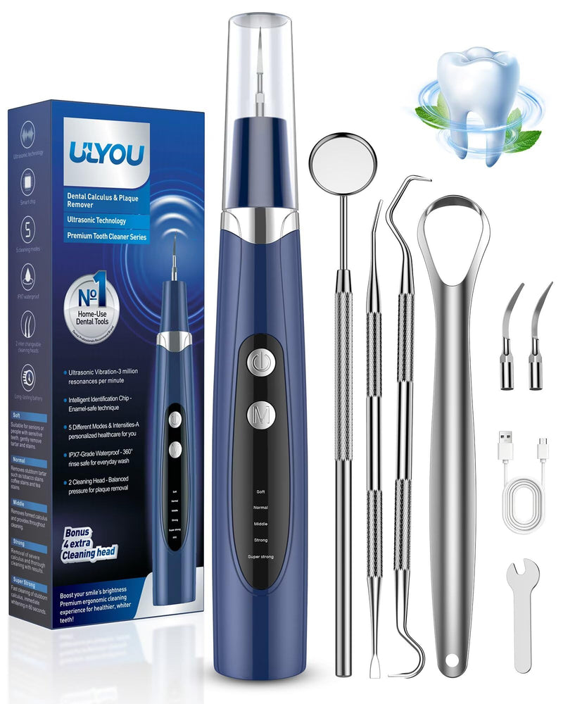 Plaque Remover for Teeth - Tartar Remover for Teeth with LED Light & 5 Modes, Rechargeable Hard Plaque Remover with 2 Replaceable Heads, Ultrasonic Teeth Cleaner Kit for Home Use Blue - BeesActive Australia
