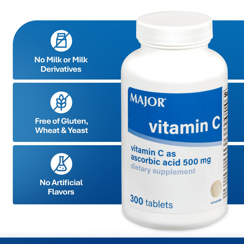 MAJOR Vitamin C-500 mg Ascorbic Acid - New Formula - Vitamin C Tablets - Dietary Supplement - 300 Count (1 Pack)
