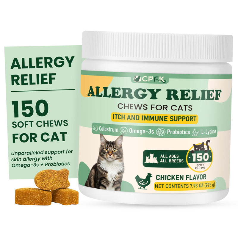 Cat Allergy Relief for Cats, 150 Soft Chews for Cat Itch and Allergy Relief with Omega-3 and Probiotics Coat Health, Immune Boost and Seasonal Allergies Chicken Flavor Chews