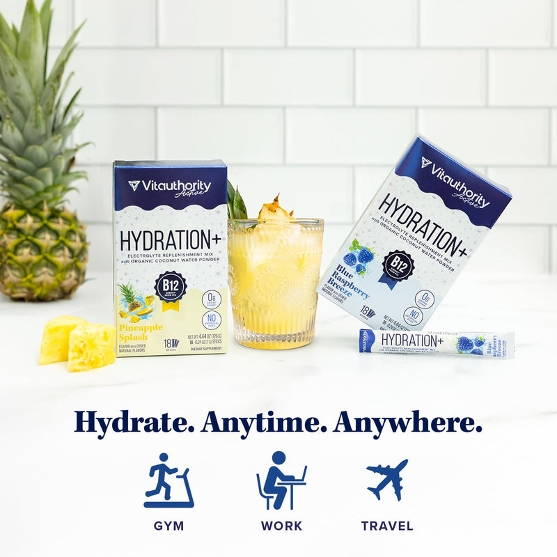 Hydration Electrolyte Powder Packets Blend Magnesium Calcium Sodium Potassium | Coconut Water + Vitamin C & B12 | Sugar-Free, Vegan, Non-GMO, Energy & Immune Support, 18 Servings Blue Raspberry Flavor