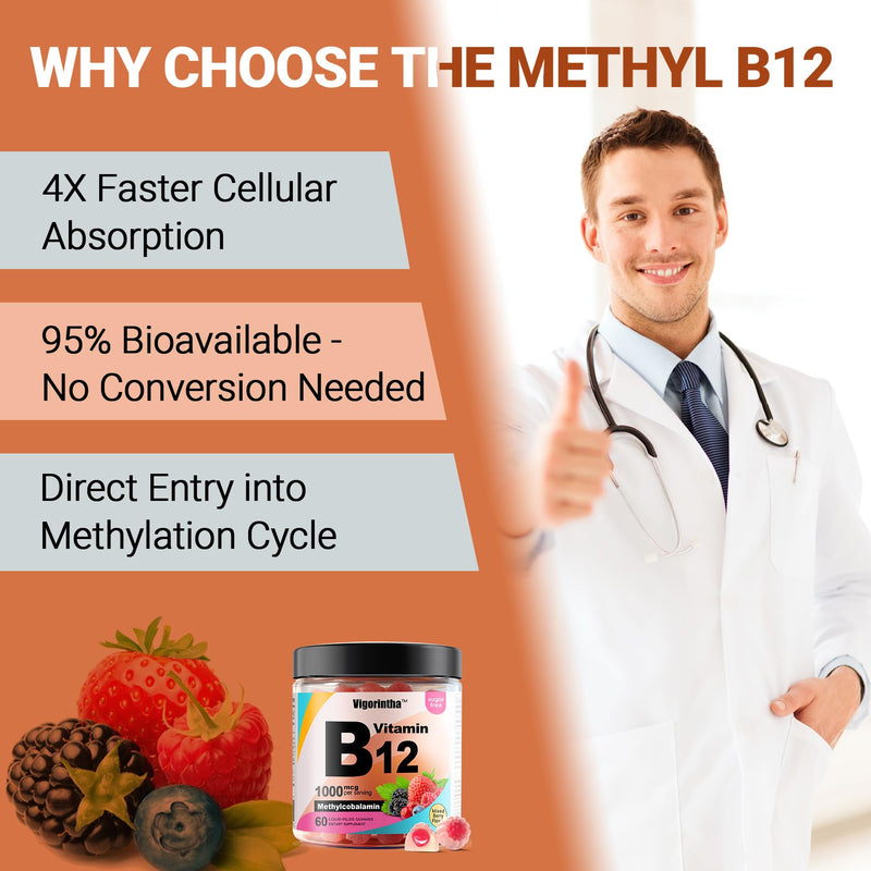 Methyl Vitamin B12 Gummies 1000mcg, Vitamin B12 Methylcobalamin Supplement for Energy & Metabolism, Sugar Free, Vegan, 60 Gummies.