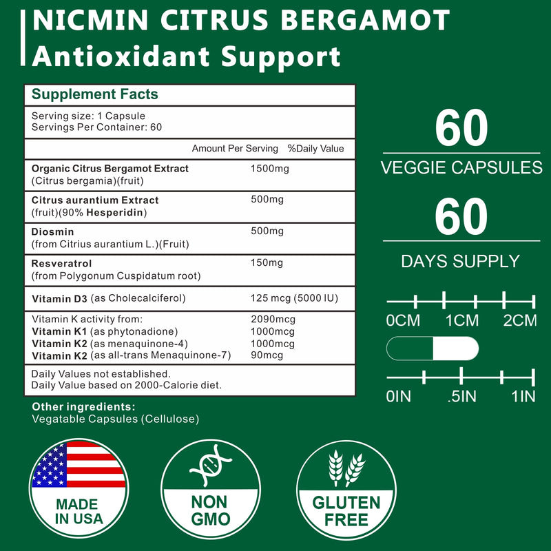 Citrus Bergamot 1500mg with Hesperidin, Diosmin, Resveratrol, Vitamin D3, K1 & K2 - Bergamot Supplement Supports Bone Health 120 Veggie Capsules