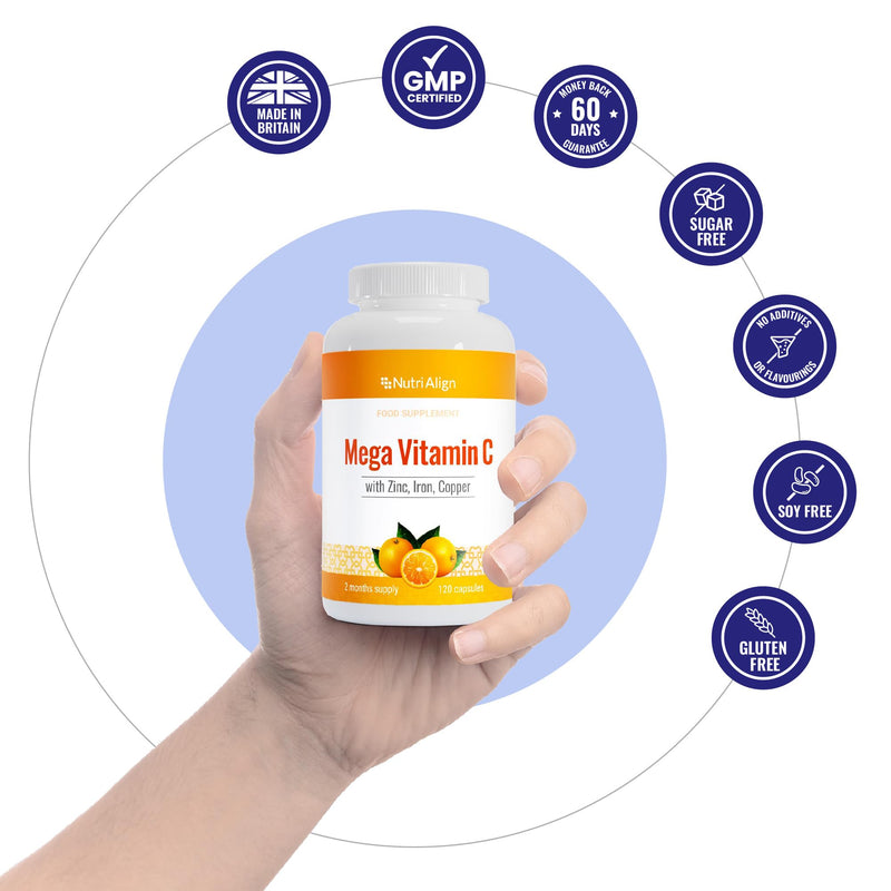 Nutri-Align Mega Vitamin C 1000mg | 120 Capsules with Zinc & Iron | Vitamin C Capsules 1000mg VIT C per Serving - Zinc, Iron & Copper Supplement | Gluten & Sugar Free | Made in the UK 120 Count (Pack of 1)