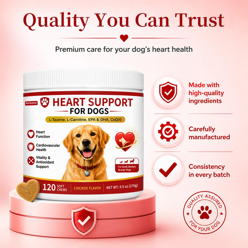 Taurine for Dogs, Heart Support Supplement, Antioxidant - Rich L-Taurine, L-Carnitine, EPA & DHA, CoQ10, Supports Cardiovascular Wellness, Circulation & Heart Function – 120 Chicken Flavour Soft Chews