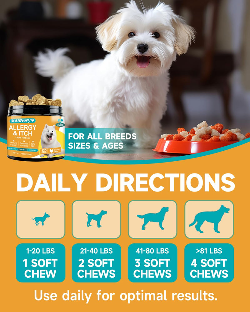 Allergy for dogs - Against itching - Soothes itchy skin, paws, ears - Strengthens the immune system - For dogs that scratch, itch & lick - With chicken flavor, 120 PCS - BeesActive Australia