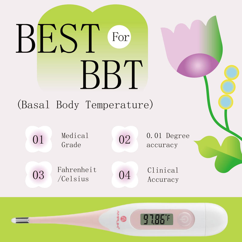 Amplim Digital Basal Thermometer, Medical Grade Accurate BBT for Ovulation Tracking, 1/100th Degree High Precision Fertility Prediction, 60-Sec Read, Memory Recall, Flexible Waterproof Tip, Pink