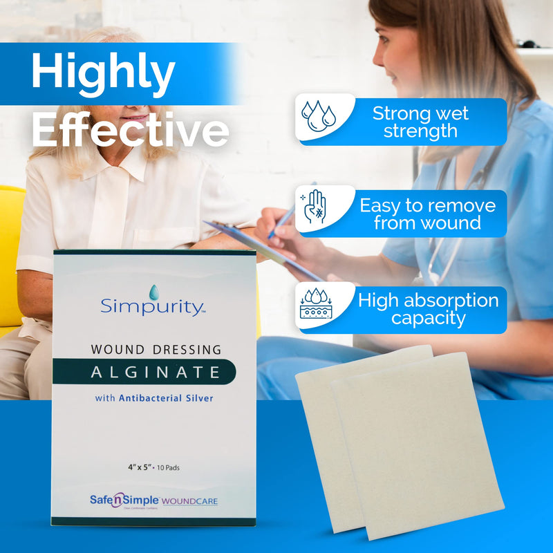 Silver Calcium Alginate Wound Dressing - Simpurity - 4"x 4" Individual Thick Pads - Dressing for Wound Care - Non-Stick Sterile Calcium Alginate Pads with Silver - Safe n' Simple Wound Care Products 4" x 4" - 10 Pads