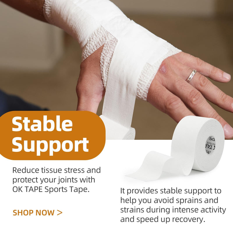 OK TAPE 12 Rolls Athletic Tape, Sports Tape for Injuries, Rigid, Easy Tear Medical Tape, Wrist Tape, No Sticky Residue | Secure Ankle, Finger, Knee- 1.5inch x 15yards (White) 15 yards White-12 Rolls - BeesActive Australia