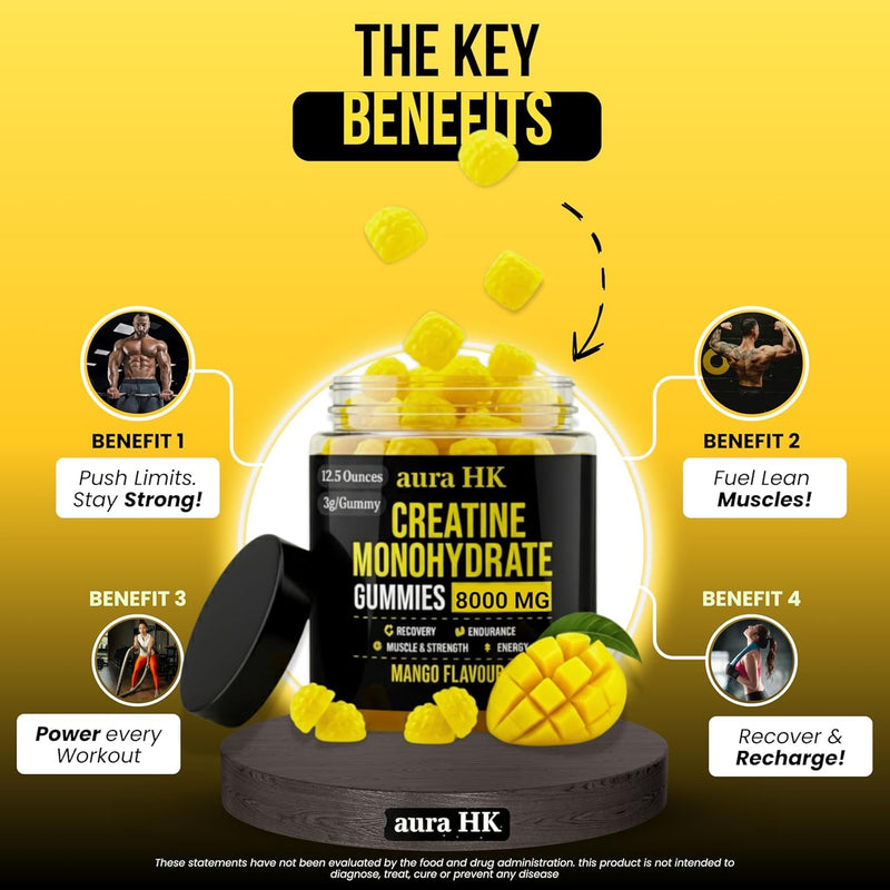 Sugar Free Creatine Monohydrate Gummies 8000mg Per Serving for Men & Women, Mango Flavour, Vegan 5000mg Creatine, BCAA, Taurine, L-Carnitine, Vitamins B12 & B6 Strength, Focus & Endurance, 120 Gummies Mango 8000mg