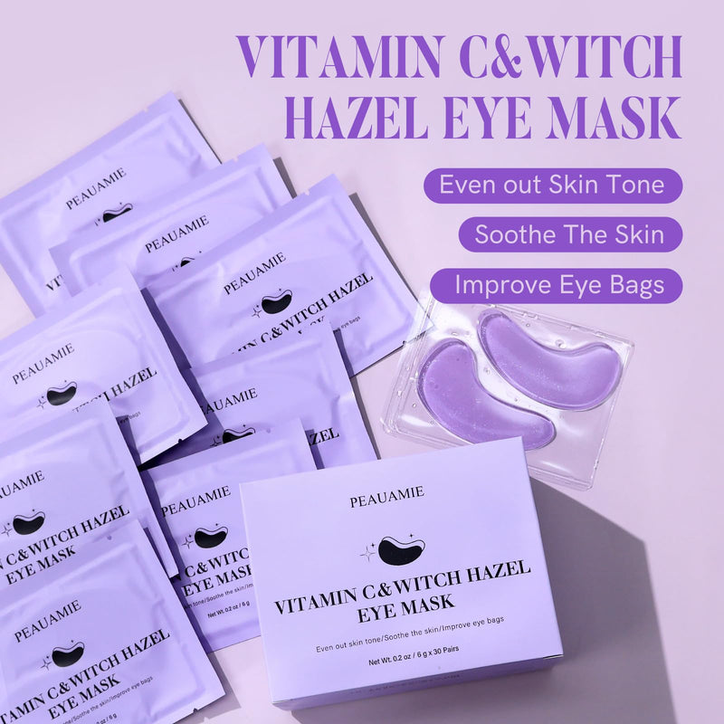 PEAUAMIE Under Eye Patches with Vitamin C and Witch Hazel Eye Mask for Dark Circles and Puffiness,Face Mask Skin Care Products 30 Pairs Purple