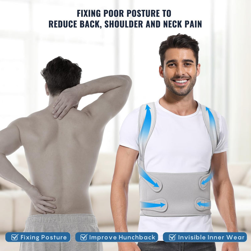 Adjustable Posture Corrector Belt for Women and Men, Back Brace Support, Shoulder Straightener Pain Relief Hunchback Correction, Grey (Medium)