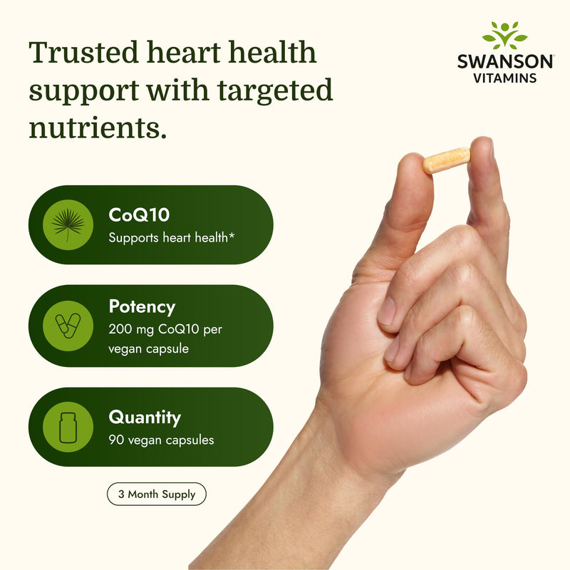 Swanson CoQ10 Cardiovascular & Cellular Energy, 200 mg, 90 Vegan Capsules | For Heart-Health-Conscious Adults Seeking Antioxidant Support, Enhances Cellular Energy and Physical Performance, Non-GMO 90 Count (Pack of 1)