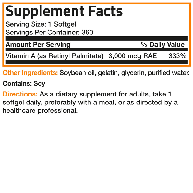 Bronson Vitamin A 10,000 IU Healthy Vision and Immune Support, 360 Softgels | Vitamin A Palmitate, Once-Daily Rapid Release, Skin, Growth & Reproduction Support, Non-GMO Unflavored 360 Count (Pack of 1)
