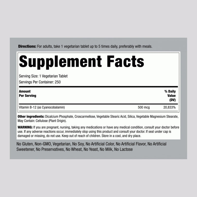 Piping Rock Vitamin B12 | 500 mcg | 250 Tablets | Supplement for Women and Men | as Cyanocobalamin | Vegetarian, Non-GMO, Gluten Free