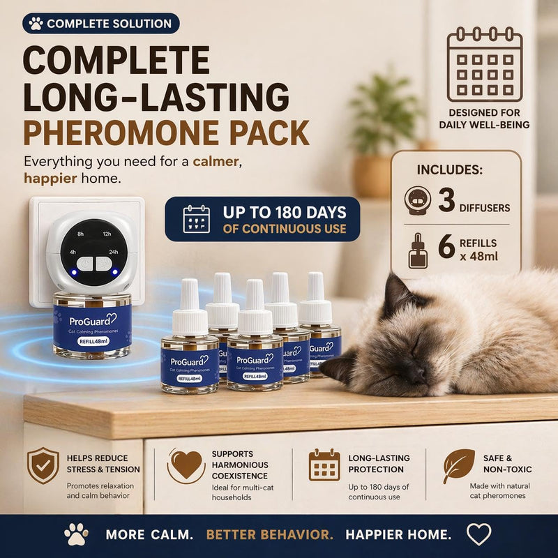 ProGuard® Cat Calming Diffuser Kit with Timer – Advanced Support to Reduce Stress, Spraying, Scratching, Fighting and Hiding – Cat Pheromone Diffuser 9-in-1 with 3 Diffusers with Timer + 6 Refills