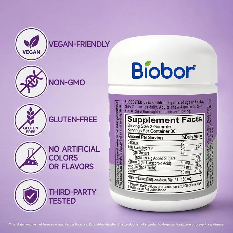 Biobor Elderberry Gummies with Vitamin C & Zinc, 150mg Elderberry, 120 Ct | 150mg Elderberry Extract, Daily Wellness Support Gummies, Vegan-Friendly, Non-GMO, Gluten Free, Mixed Berry Flavor Natural Berries 60 Count (Pack of 2)
