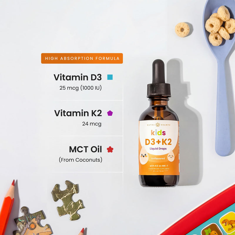 NutraChamps Kids Vitamin D 3 K2 Drops, Vitamin D3 & K2 MK-7, Liquid Vitamin D for Kids 1000 IU, Healthy Bones, Heart & Immune System, Sugar Free Supplement for Toddlers, 300 Servings 2 Fl Oz (Pack of 1) Kids Drops