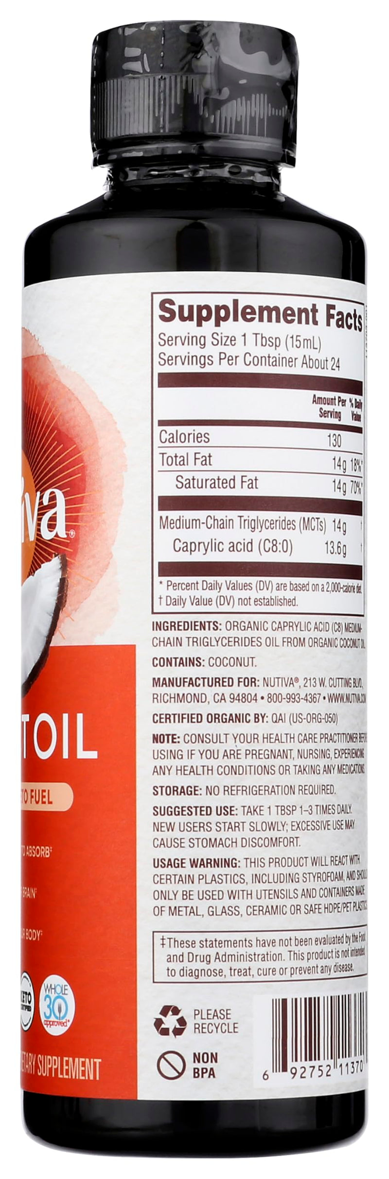 Nutiva Organic MCT Oil C8. 12 Fl Oz. Unflavored Medium Chain Triglycerides from Non-GMO Coconut. Ultimate Keto Fuel, Pure MCT Oil for Coffee, Low Carb, Energy and Metabolism Support - BeesActive Australia