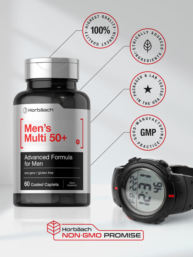 Horbäach Mens Multivitamins 50 Plus | 60 Caplets | with Calcium, Magnesium, Vitamin A, B, C, D & E | 50+ Advanced Formula | Non-GMO & Gluten Free Supplement