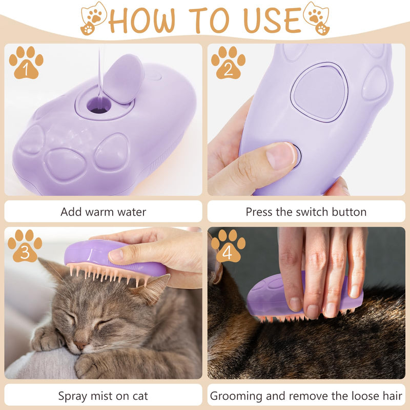 Cat Steam Brush for Shedding: 3-in-1 Silicone Steam Brush for Cats, Rechargeable Steam Cat Brush, Steamy Pet Brush, Dog Steam Brush for Shedding, Cat Grooming Brush with Steam - Purple - BeesActive Australia