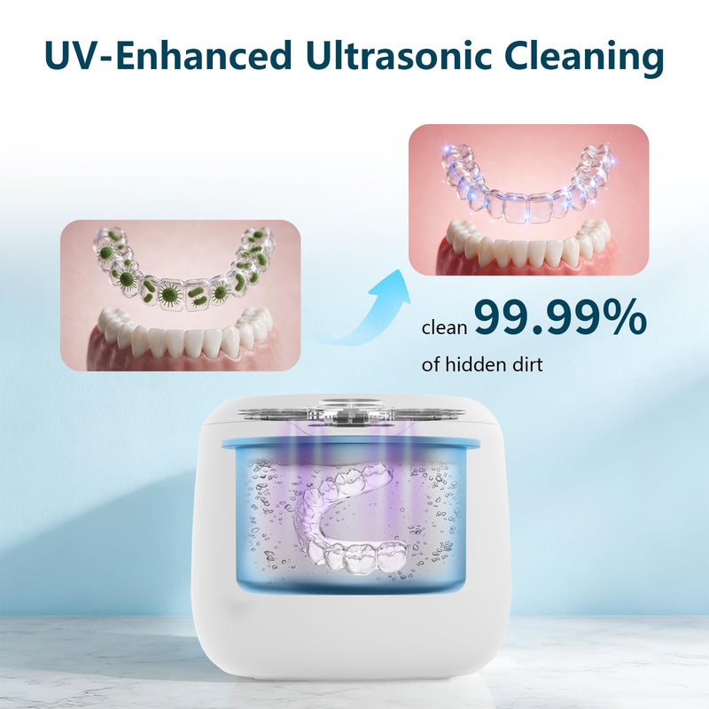 42kHz Ultrasonic Retainer Cleaner Machine,with 4 powerful 254nm UV lights,Pratical Dental Ultrasonic Cleaner for Denture, Night Guard, Mouth Guard, Aligner, Braces, Toothbrush Head & Jewelry (White)