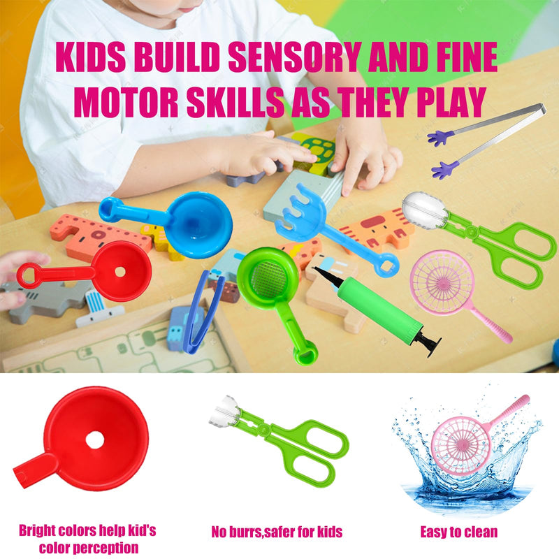 12 Pcs Sensory Bin Filler,Sensory Bin Tools, Fine Motor Skills Handy Scooper Set with 5 Scoops, Plastic Tweezers, Silicone Tongs, Beach Shovels, Air Pump, Scissors Clip - BeesActive Australia